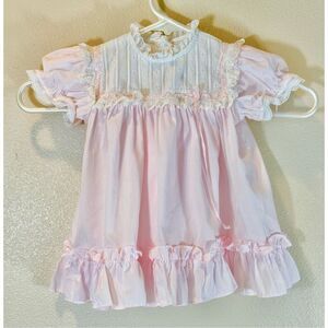 Vintage Yellow Bird 80's Pastel Pink & White Lace Collar Trim Dress 24 Months